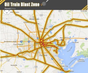 Where oil trains travel into Houston.  See Forest Ethics interactive map http://explosive-crude-by-rail.org/