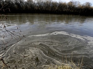 2014-02-05 Signs of coal ash swirl in the water in the Dan River in Danville Va - Photo by Gerry Broome, AP)